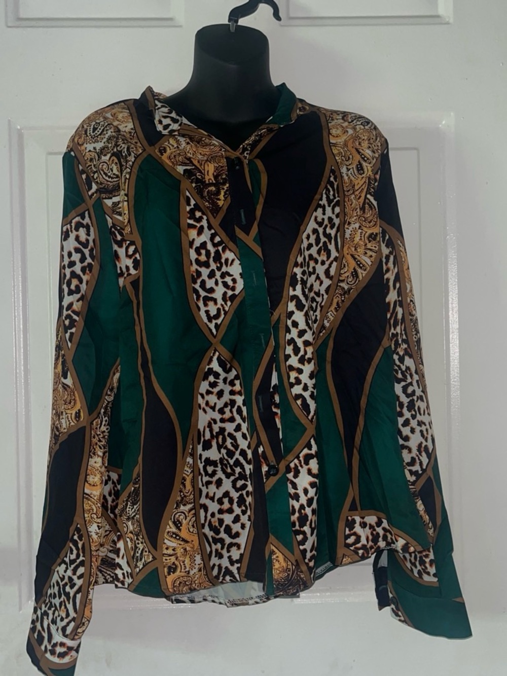 Emerald Green & Black Mixed Print Button-Front Blouse